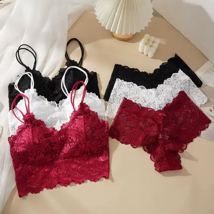 Costume de soutien-gorge en dentelle pour femmes, ensemble solide, beau dos ajouré, sans anneau en acier, sous-vêtements avec dentelle fleur, culotte respirante