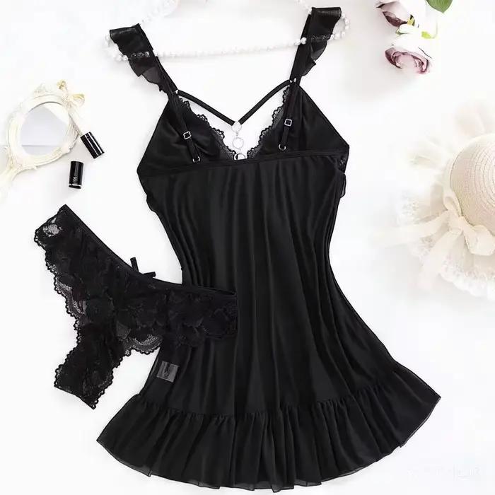 Nouvel ensemble de lingerie rouge sexy 2026 pour femme, robe nuisette décolletée en V profond, string, ensembles soutien-gorge et culotte érotiques, nuisette en dentelle, chemise de nuit douce, pyjama