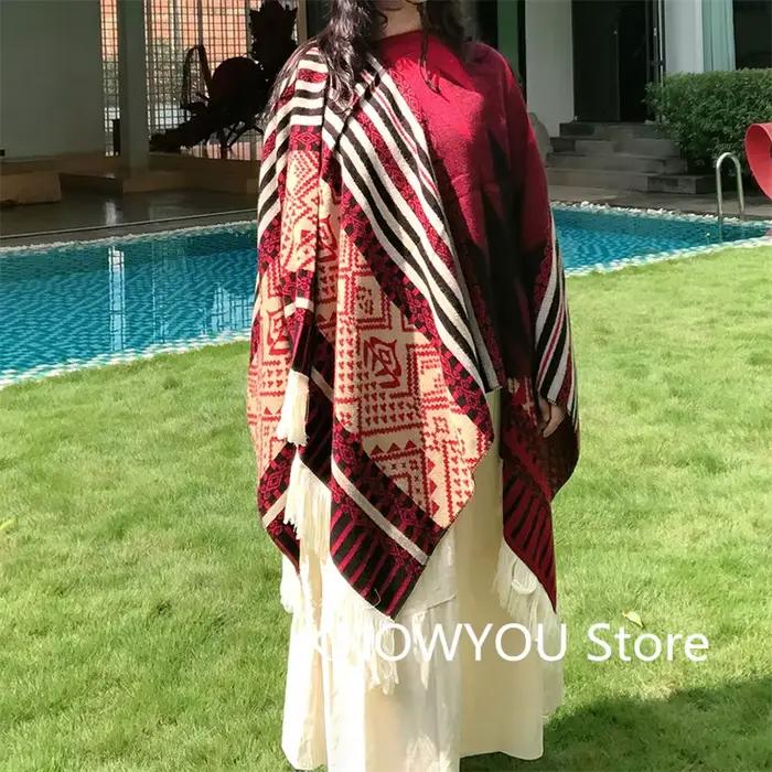 Poncho de voyage pour femmes, châle, Style ethnique, glands, Cape à capuche, Jacquard chaud d'hiver, décoration extérieure, grande couverture pour hommes