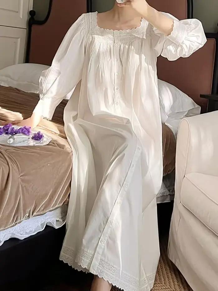 Femmes robe de nuit printemps automne pur coton à manches longues Peignoir romantique Vintage chemises de nuit vêtements de nuit princesse vêtements de nuit