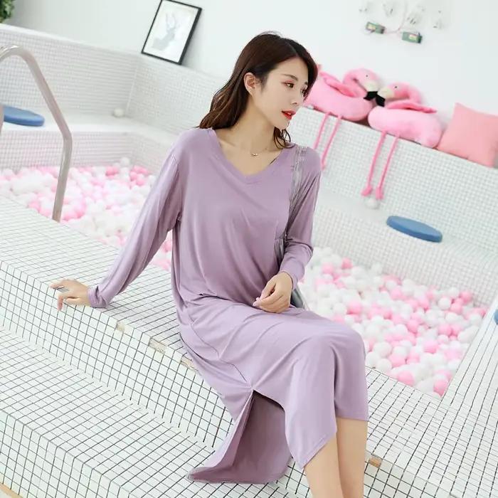 Printemps automne robe de nuit femmes ample grande chemise de nuit couleur unie chemises de nuit manches longues nuisette chemise de nuit vêtements de nuit modaux