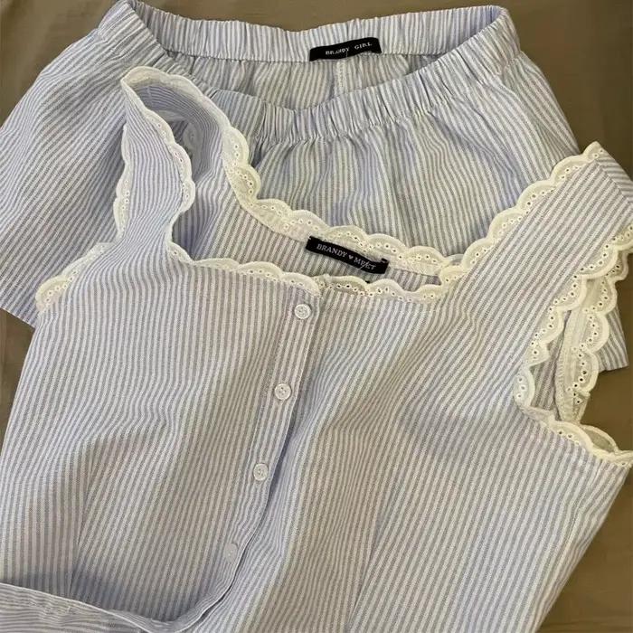 Pyjama rayé pour femmes, vêtements de nuit pour enfants, ensemble 2 pièces en dentelle, vêtements de nuit, débardeur coréen, costume de maison, nouvelle collection 2025