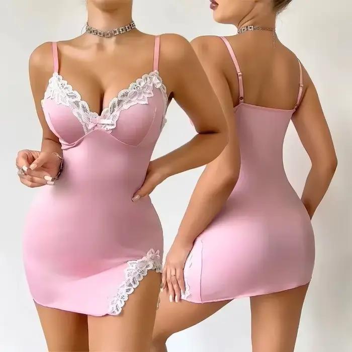 Été chaud femmes chemise de nuit séduisante rose profond V sans manches mode dentelle sommeil pyjamas robe dames Lingerie chemise de nuit Homewear