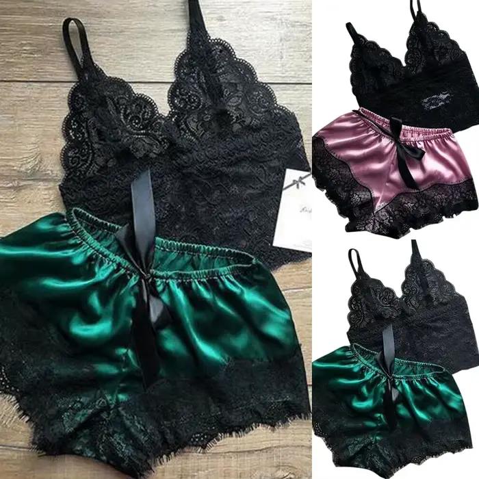 2 pièces femmes déshabillé en dentelle Lingerie hauts ensemble short et haut nuisette pyjamas décontractés vêtements de nuit