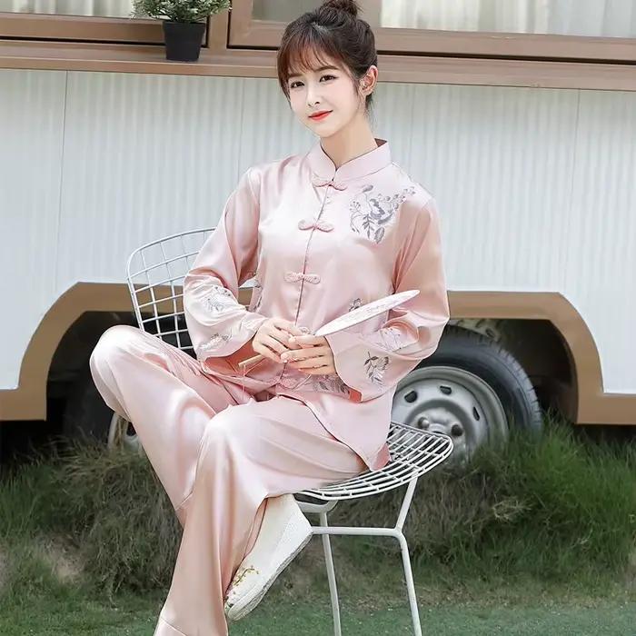 Pritning fleur chinois pyjamas ensemble de sommeil chemise pantalon col montant vêtements de nuit 2 pièces broderie soie Vintage bouton vêtements de nuit