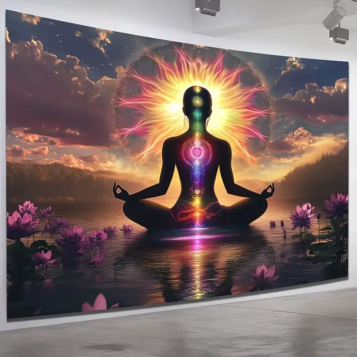 Tapisserie de méditation des chakras, silhouette avec sept chakras et fleurs de lotus, art mural spirituel de yoga pour la décoration de la maison