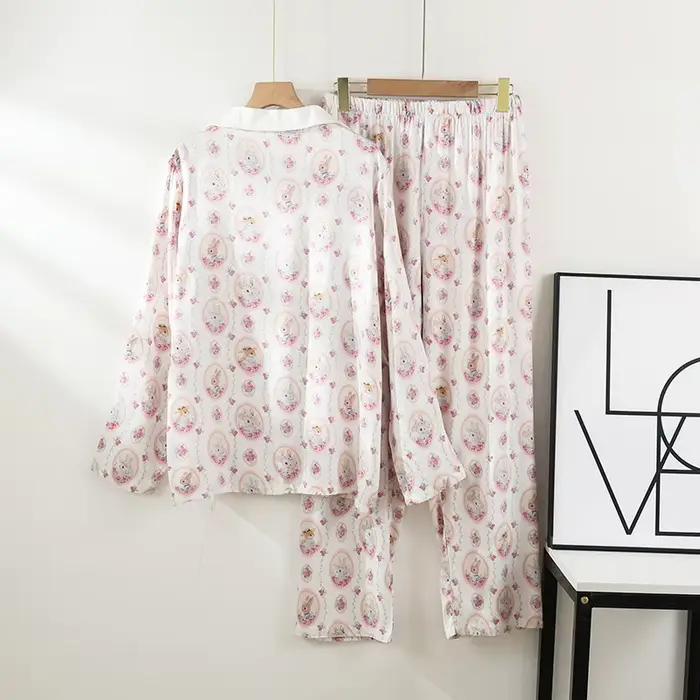 Pyjama en Satin pour femmes, pantalon à manches longues, mignon, frais, haut de gamme, col rabattu, Viscose, imprimé de dessin animé, vêtements de nuit