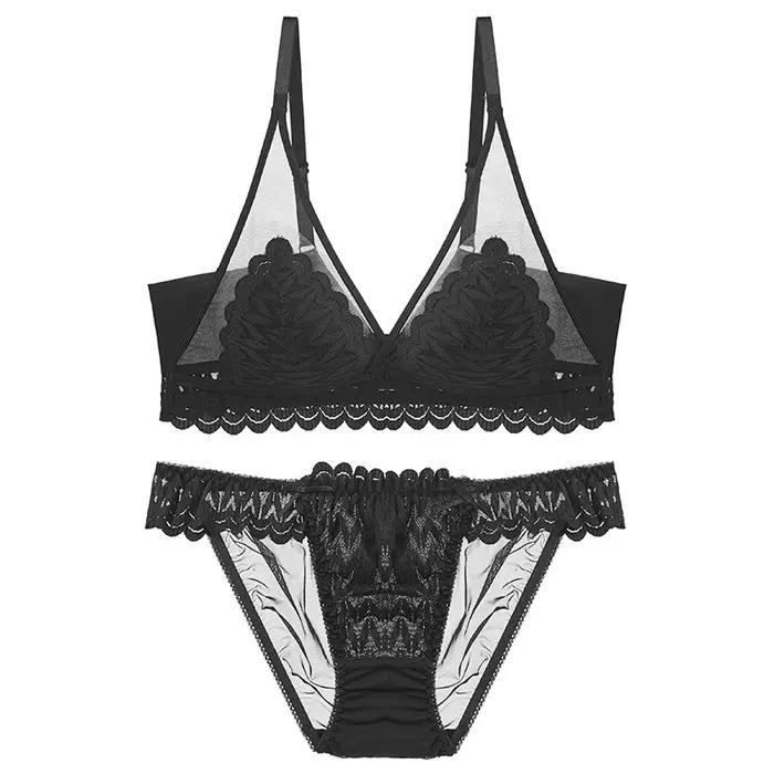 Ensemble de soutien-gorge triangle en dentelle style français pour femme, sans armatures, léger, push-up, avec soutien latéral et bretelles lisses