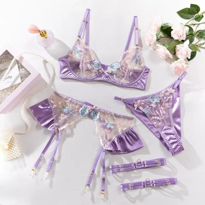 Lingerie sensuelle pour femmes, sous-vêtements fantaisie en soie florale, jarretelles transparentes, ensembles exotiques, produits intimes de luxe féeriques