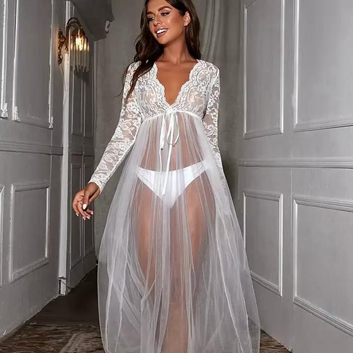 Vêtements de nuit sexy robes longues hauts de nuit Lingerie Femme nuisette femme voir à travers la dentelle robe de nuit sexy col en V maille chemise de nuit