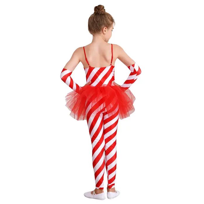 Costume de batterie de danse de Noël Candy Cane pour fille, Unitard Tulle Peplum, costume de père Noël, vêtements de danse, combinaison de batterie, vacances de Noël, enfant