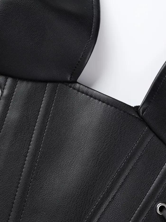 Corset en similicuir style col punk pour femme avec plusieurs bretelles et ceinture élastique à baleines pour sculpter la silhouette. Haut moulant.