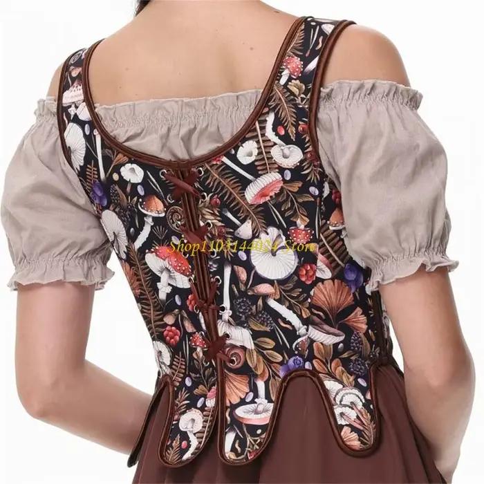 Corset victorien ajustable pour femme, gaine amincissante, bustier vintage à imprimé champignon, avec lacets, style gilet
