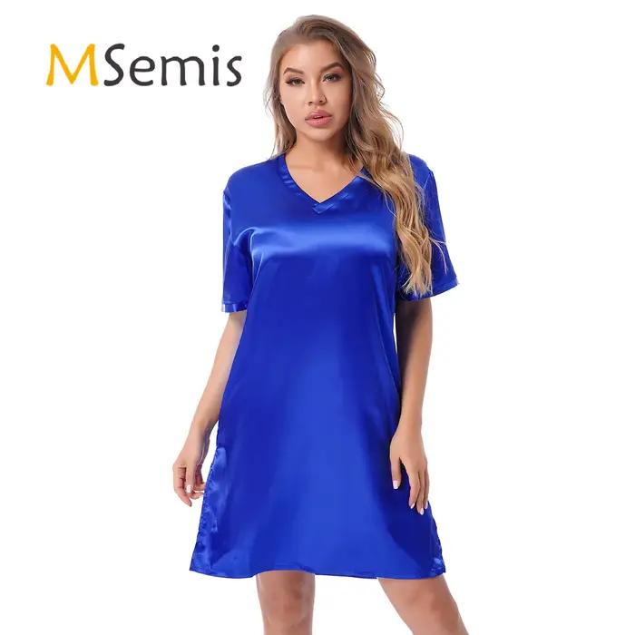 Femmes adultes pyjamas chemise de nuit vêtements de nuit col en V Satin chemise de nuit chemise Robes à manches courtes vêtements de détente côtés fendus vêtements de nuit