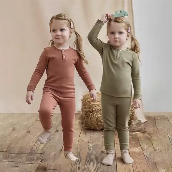 Printemps automne enfant en bas âge pyjamas costume couleur unie coton enfants hauts + Leggings bébé garçon fille vêtements costume