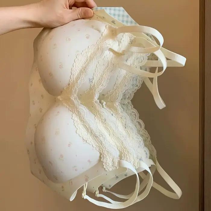 Lingerie française à imprimé floral pour femmes, petits seins, bords en dentelle douce, respirante et jantes pour filles