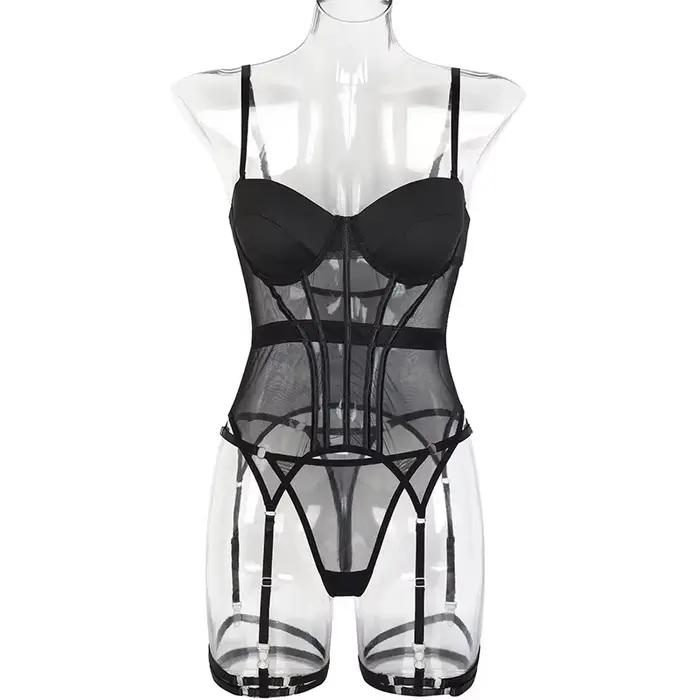 Lingerie en maille de marque de luxe, body dos nu pour femmes, ensemble de Lingerie 3 pièces avec jarretelles, robes sexy pour femmes