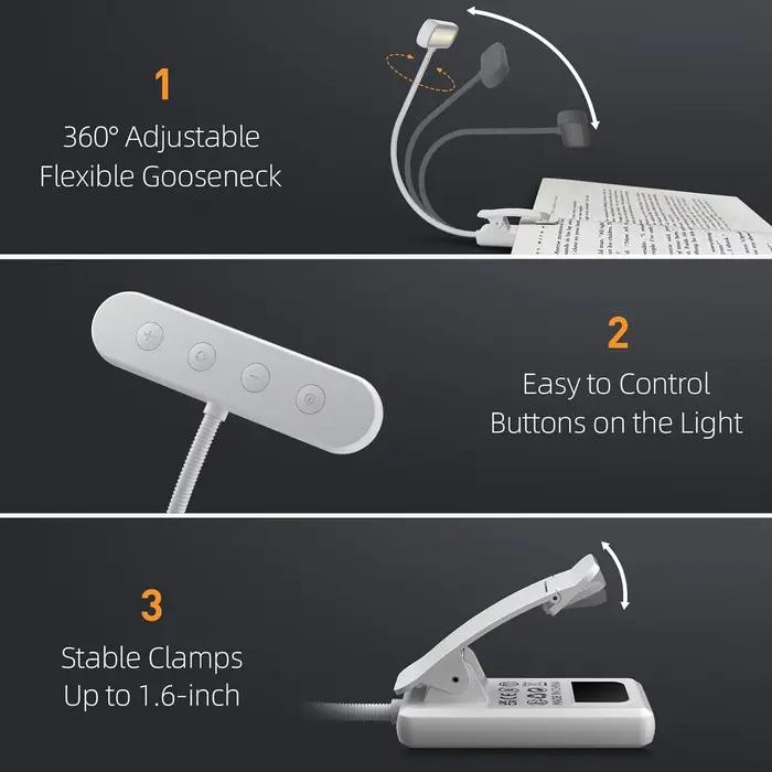 Lampe de lecture USB rechargeable, lumière blanche chaude, froide et du jour, portable, flexible, facile à clipser, lampe de lecture nocturne