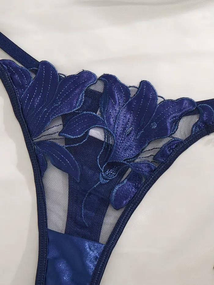 Ensemble de lingerie brodée Lys Bleu Style Luxe - Soutien-gorge en résille transparente - Lingerie féminine élégante rétro française ZA824031