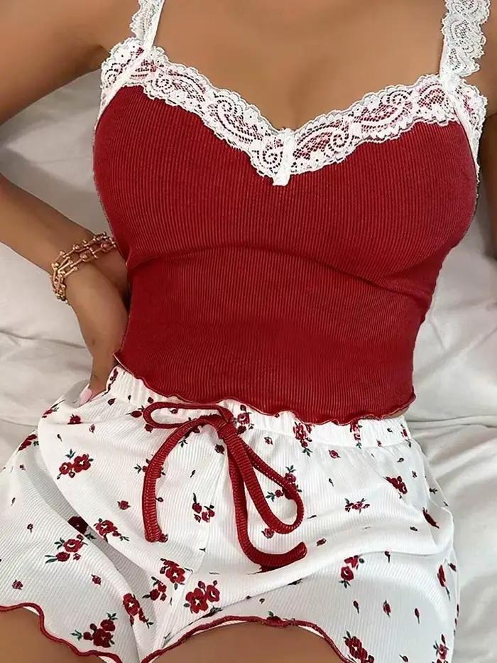 Ensemble pyjama sexy pour femmes, deux pièces, été, tricot côtelé, imprimé floral, dentelle, camisole et short à nœud