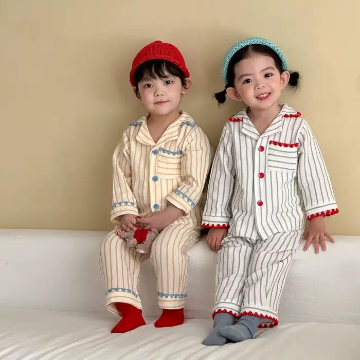 Ensemble de pyjama pour enfants de 1 à 8 ans, en coton pur et lin, pyjama doux en coton pour garçons, pyjama rayé pour filles, vêtements de nuit pour enfants, tenue d'intérieur