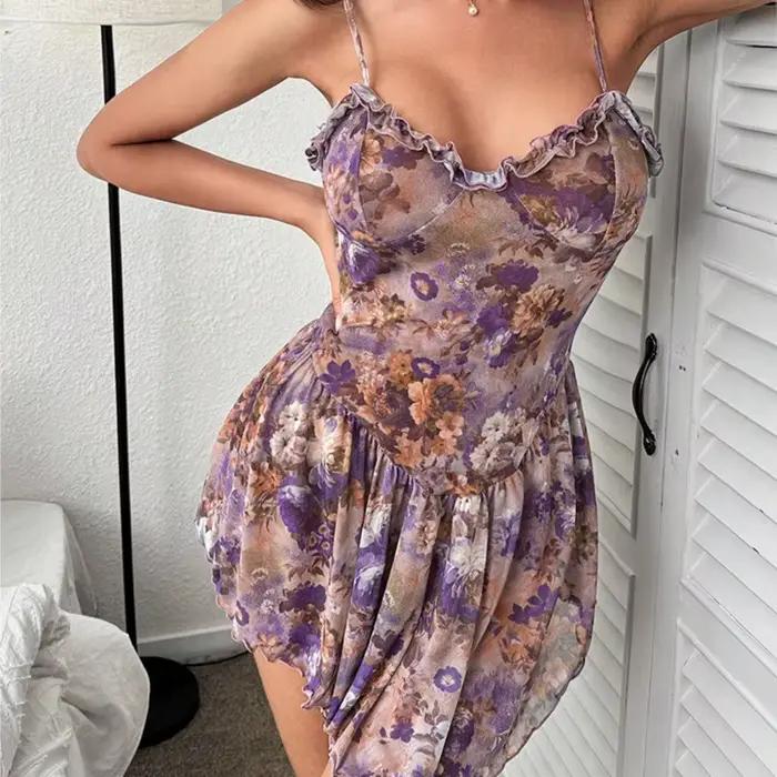 Chemise de nuit camisole florale mini jupe avec dentelle sexy chemises de nuit pour femmes chaudes pyjama femme chaude sexy sous-vêtements antidérapants soie Sex shop