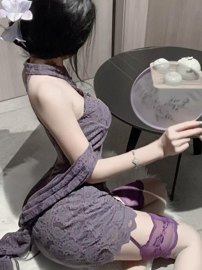 Robe en dentelle à col montant pour fille épicée, Lingerie Sexy, nouveau Style chinois, Cheongsam, pur désir, violette, col suspendu, élégante, 2NE2
