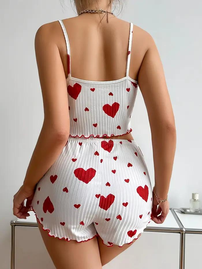 Ensemble de pyjamas 2 pièces pour femmes, vêtements de maison, imprimé cœur, sous-vêtements, pyjamas sexy, lingerie, camisoles, ensembles de shorts, vêtements de nuit