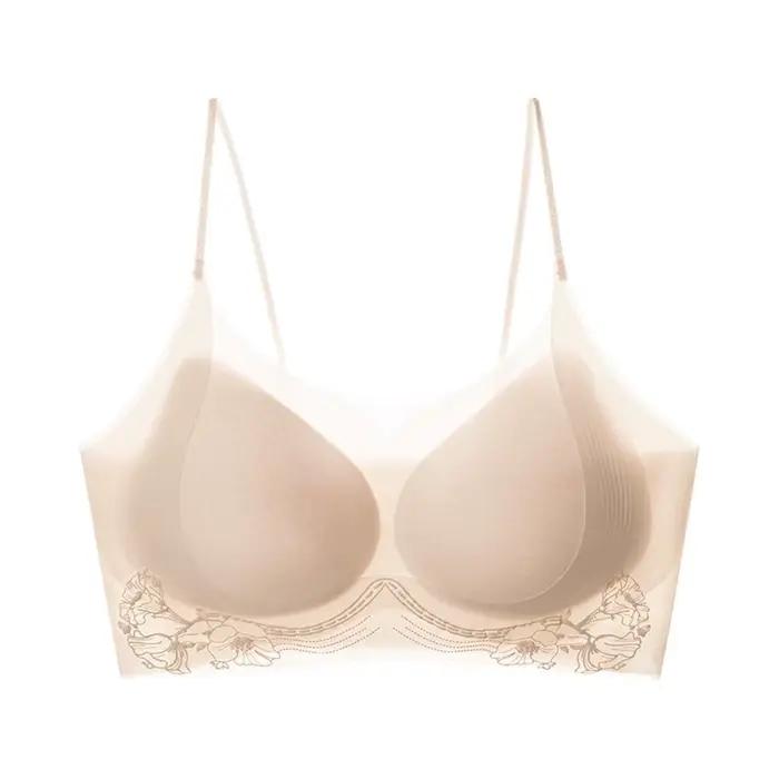 Soutien-gorge sans fil en soie glacée à motif camélia, coupe ajustée, décolleté plongeant, brassière pour femme, antichoc, sans traces, push-up, sous-vêtement de yoga