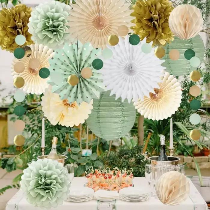 Décorations suspendues en papier vert sauge, lanternes et fleurs pompons pour mariage, fête, anniversaire, enterrement de vie de jeune fille, Saint-Valentin