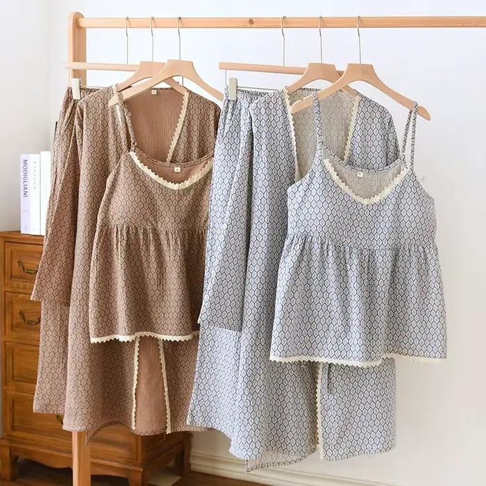 Pyjama en pansement 2023 coton pour femme, robe à manches longues, haut licou, pantalon, ensemble trois pièces, bretelles avec coussinets de poitrine