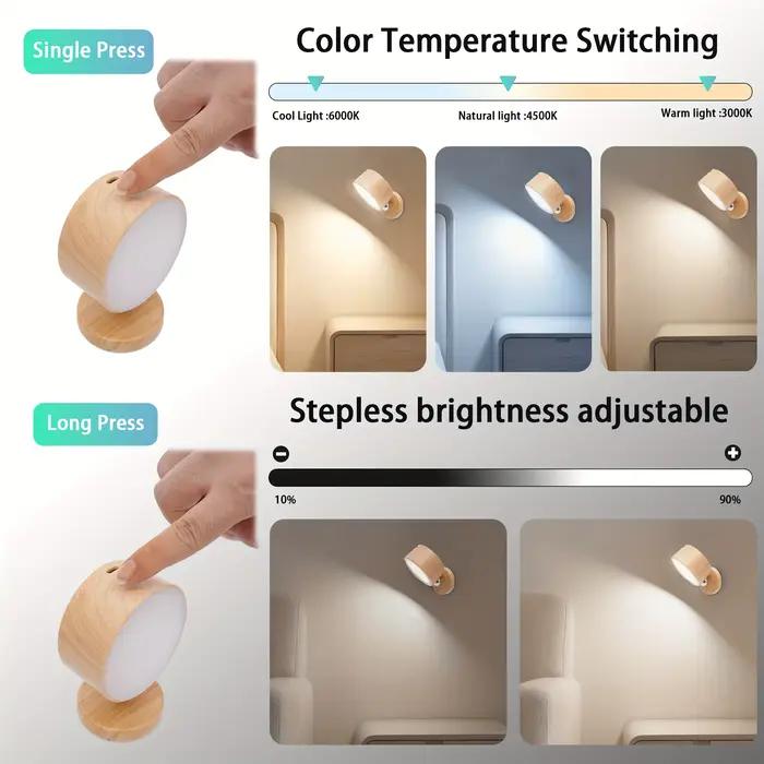 Veilleuse magnétique sans fil à 3 températures de couleur et luminosité réglable, éclairage mural 360° °   Lampes murales LED rotatives pour chambre à coucher
