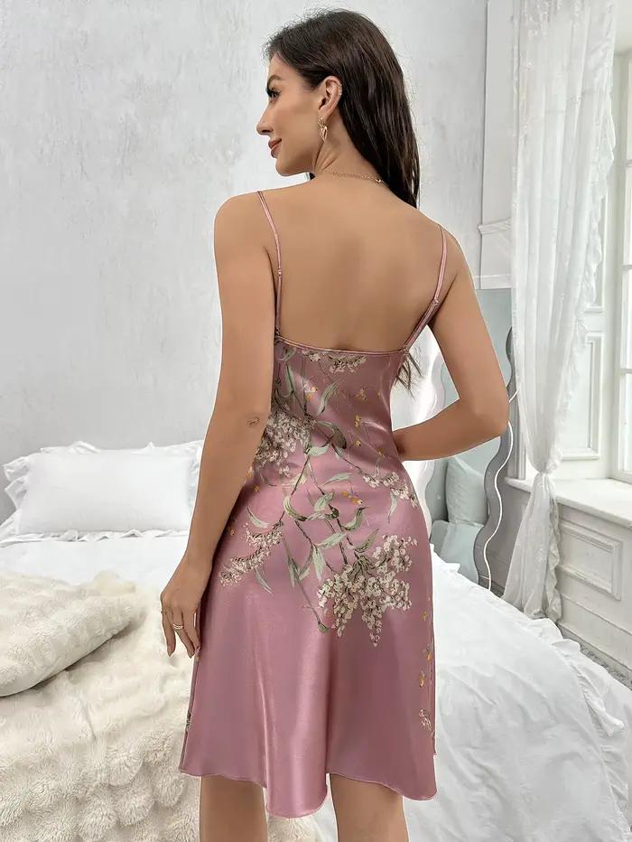 Chemise de nuit imprimée florale, Sexy, col en V, bretelles Spaghetti, robe de nuit pour femmes
