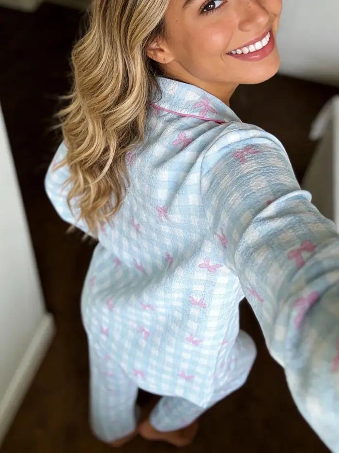 Pyjama femme à revers cranté, manches longues et pantalon, ensemble 2 pièces, imprimé carreaux avec nœud mignon, pour printemps, automne, hiver, vêtements d'intérieur