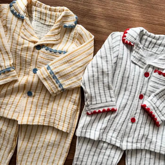 Ensemble de pyjama pour enfants de 1 à 8 ans, en coton pur et lin, pyjama doux en coton pour garçons, pyjama rayé pour filles, vêtements de nuit pour enfants, tenue d'intérieur