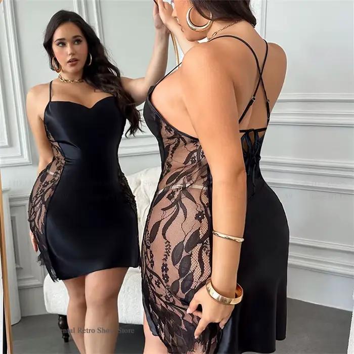 Chemise de nuit pour femme grande taille 3XL 4XL 5XL, nuisette sexy en dentelle ajourée, lingerie ample en satin, vêtement d'intérieur