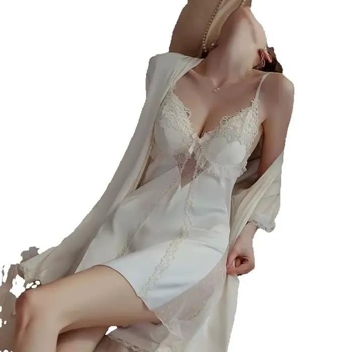 Tentation dentelle chemise de nuit Sexy femme nuisette & robe ensemble vêtements de détente Lingerie intime soie Satin peignoir vêtements de nuit été Homewear