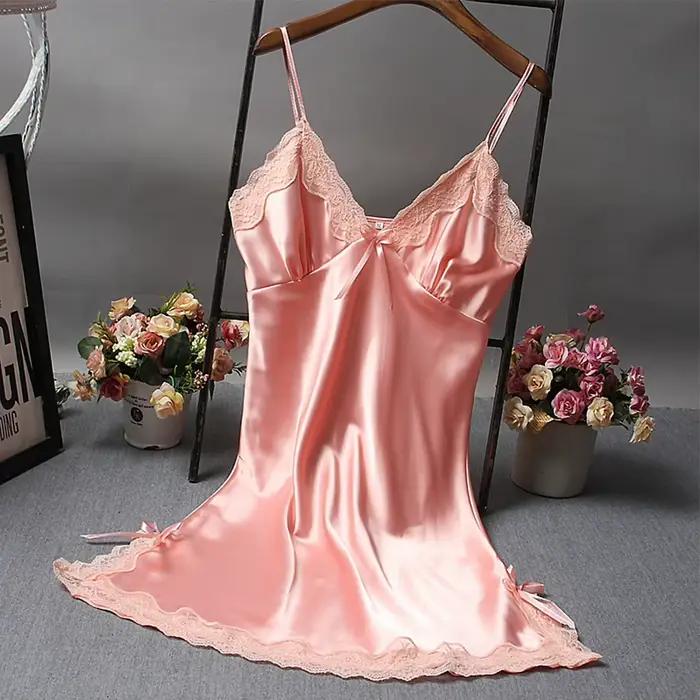 Chemise de nuit d'été en Satin doux pour femmes, Lingerie en dentelle, vêtements de nuit, couleur unie, portefeuille pour dames, robes courtes