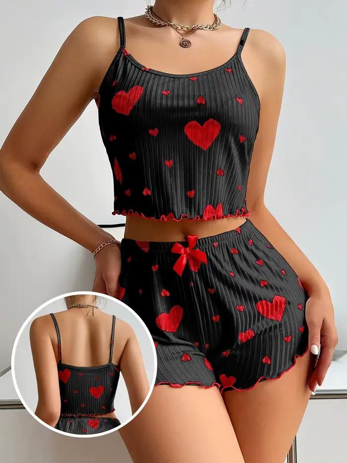 Ensemble de pyjamas 2 pièces pour femmes, vêtements de maison, imprimé cœur, sous-vêtements, pyjamas sexy, lingerie, camisoles, ensembles de shorts, vêtements de nuit