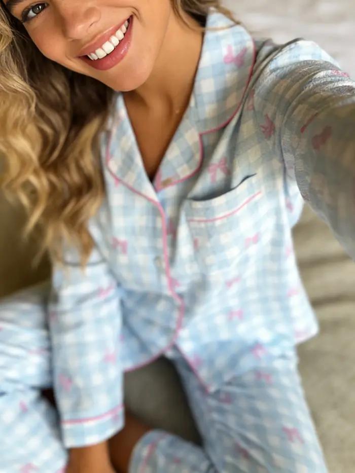 Pyjama femme à revers cranté, manches longues et pantalon, ensemble 2 pièces, imprimé carreaux avec nœud mignon, pour printemps, automne, hiver, vêtements d'intérieur