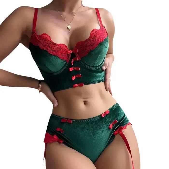 Ensemble de lingerie de Noël en velours pour femmes, sous-vêtements féminins, nœud papillon, dentelle, patchwork, festival de luxe, sexy, 2 pièces