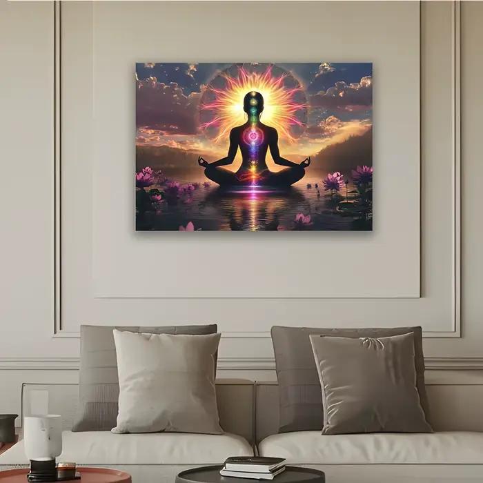 Tapisserie de méditation des chakras, silhouette avec sept chakras et fleurs de lotus, art mural spirituel de yoga pour la décoration de la maison
