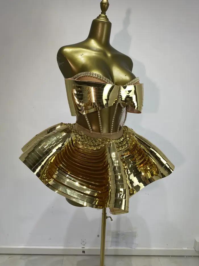 Costumes de danseuse de discothèque, Bustier miroir doré, haut Corset et Mini jupe bouffante, 2 pièces, tenues de soirée Sexy Ses Y2k