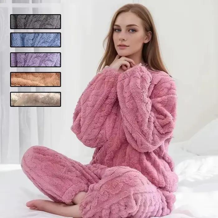 Ensemble pyjama épais et chaud en polaire de corail pour femme, vêtements de maison imprimés de dessins animés, vêtements de nu