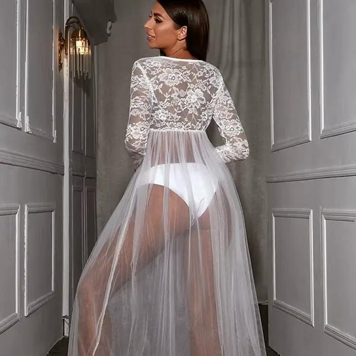 Vêtements de nuit sexy robes longues hauts de nuit Lingerie Femme nuisette femme voir à travers la dentelle robe de nuit sexy col en V maille chemise de nuit