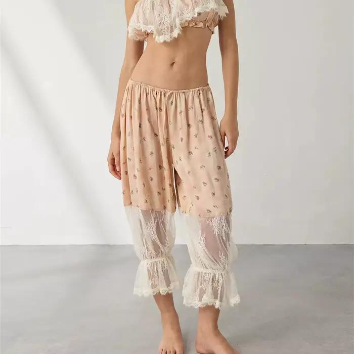 Pantalon Long bouffant pour femmes, garniture en dentelle, Capri Lounge Pjs, jupon Y2K, bas de pyjama, pantalon citrouille, Streetwear Y2K