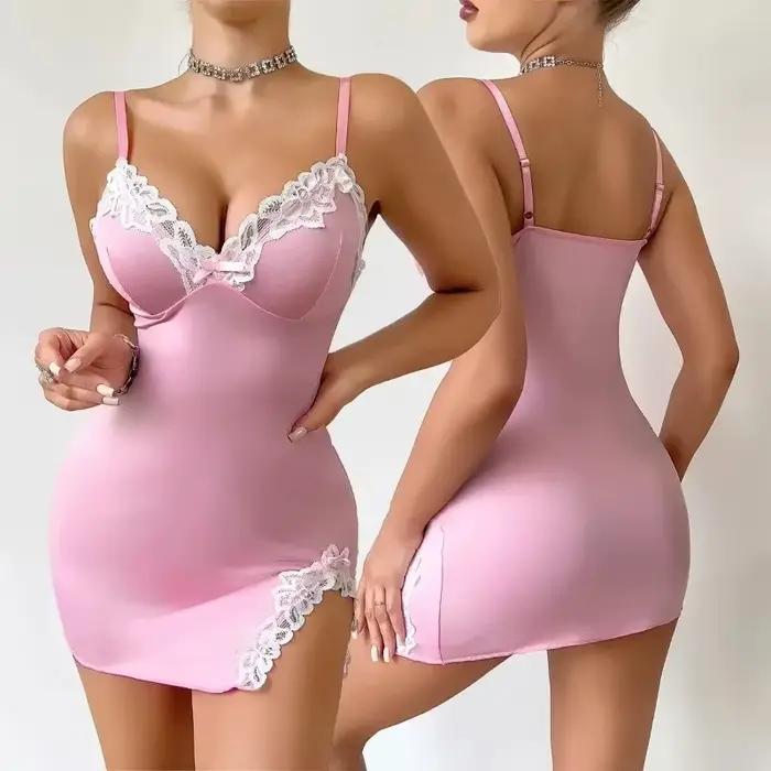 Robe de nuit d'été sexy pour femme, rose, décolleté plongeant, sans manches, en dentelle, pyjama de mode, lingerie féminine, chemise de nuit, vêtements d'intérieur