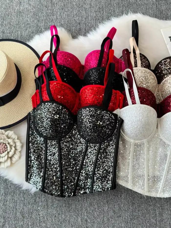 Foamlina-Soutien-Gorge Corset à Paillettes avec Coussretours pour Femme, Seins Exposés, Non-ald, Serré, ixde Mariage, Boîte de Nuit, Bal, Rotterdam Kly