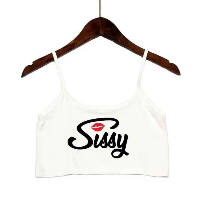 SISSY písmena červené rty potisk letní ženy krátký top Sexy elastická bavlna Camis bez rukávů krátké tílko Bar topy