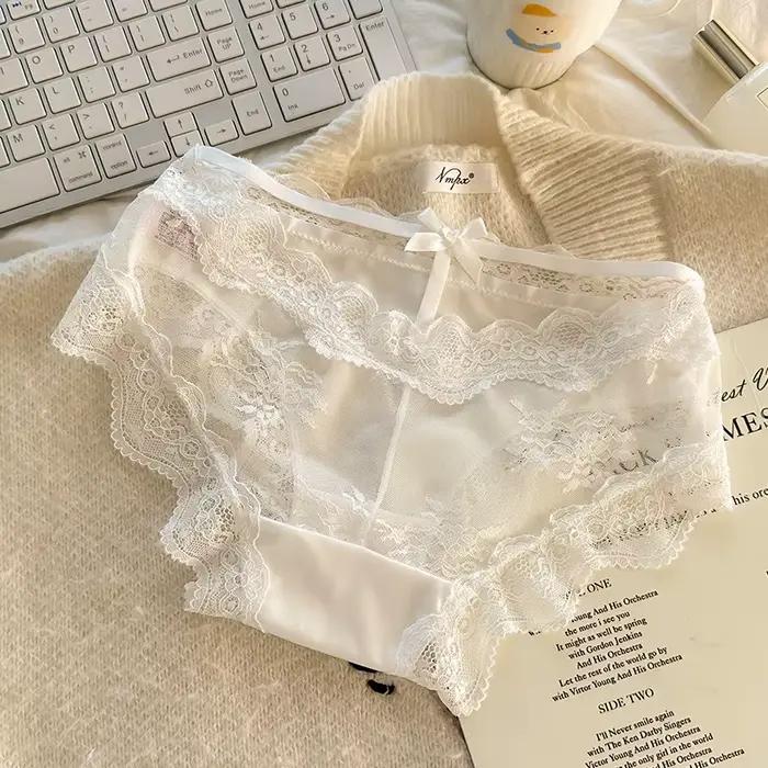 Culottes intimes pour femmes en satin français taille basse, coupe triangle, avec nœud et dentelle, entrejambe en coton ajouré respirant